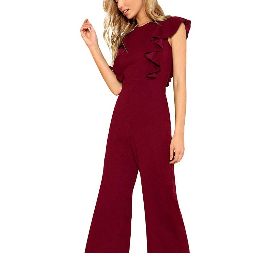 Women’s Red Sleeveless Ruffle High Waist Jumpsuit